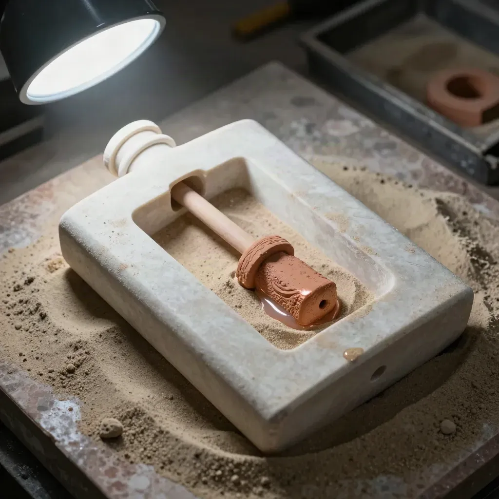Top-down view of split sand mold halves with wax runner and vent rods in a foundry setting.
