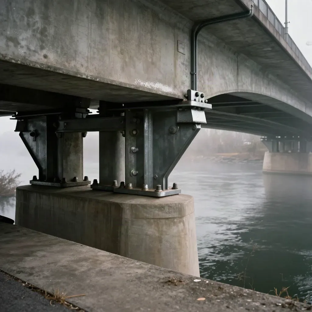 Steel bridge brackets bolted under a concrete span in river mist
