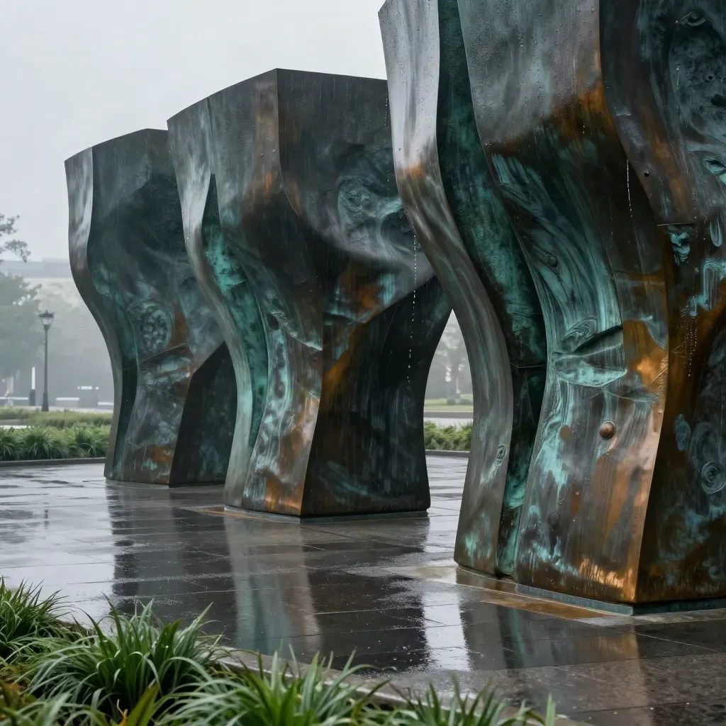 Rain-slick bronze plaza sculptures with mist and wet reflections.