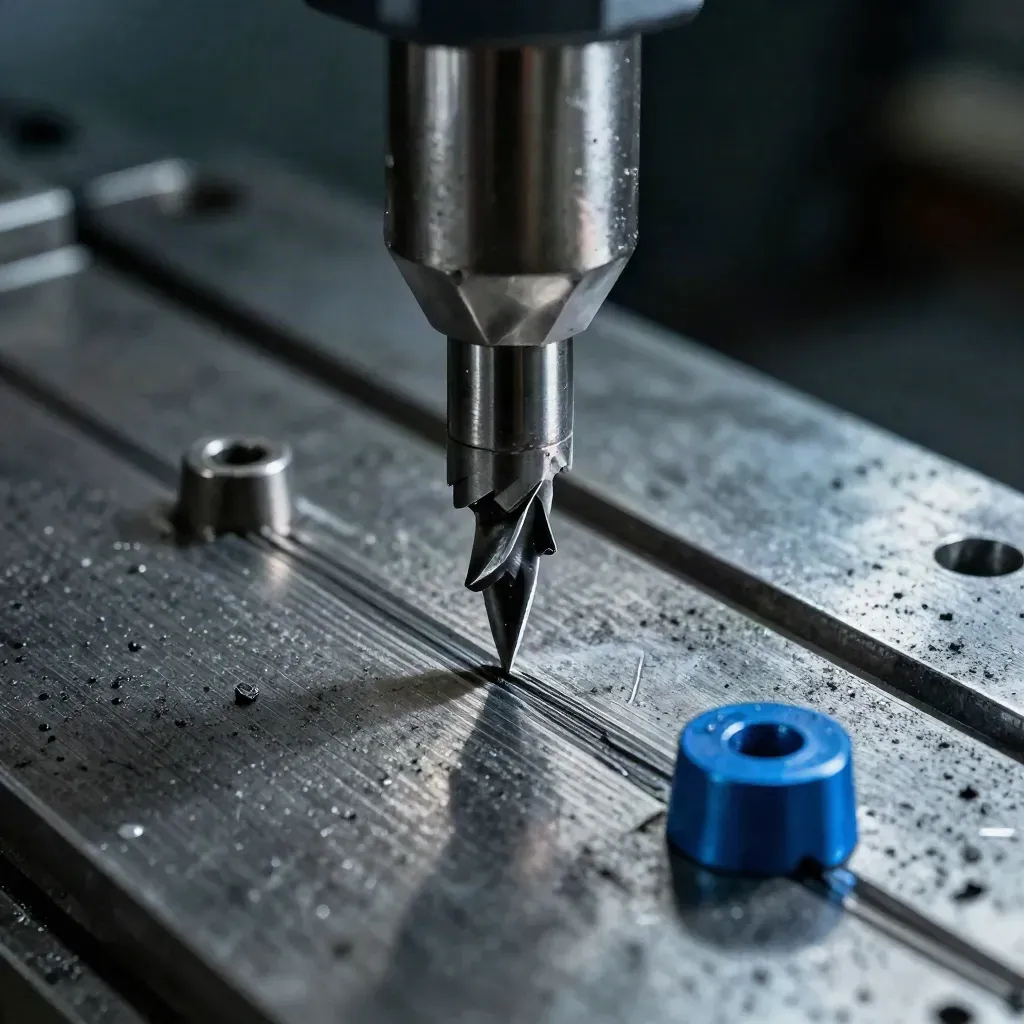 CNC inserts, collet chuck and aluminum fixture plate around a blue spacer on a machine table.