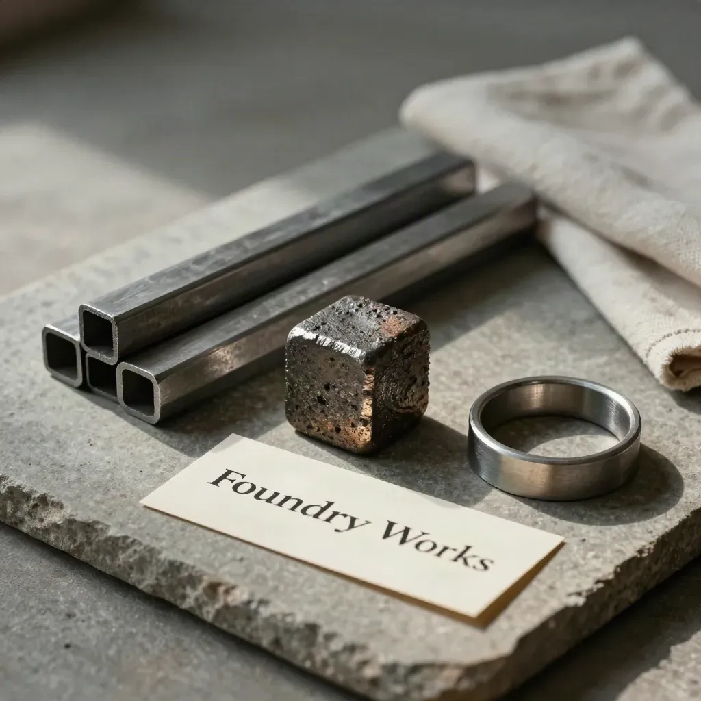 Alloy bars, cast test puck and machined flange ring on a stone slab with soft side light.