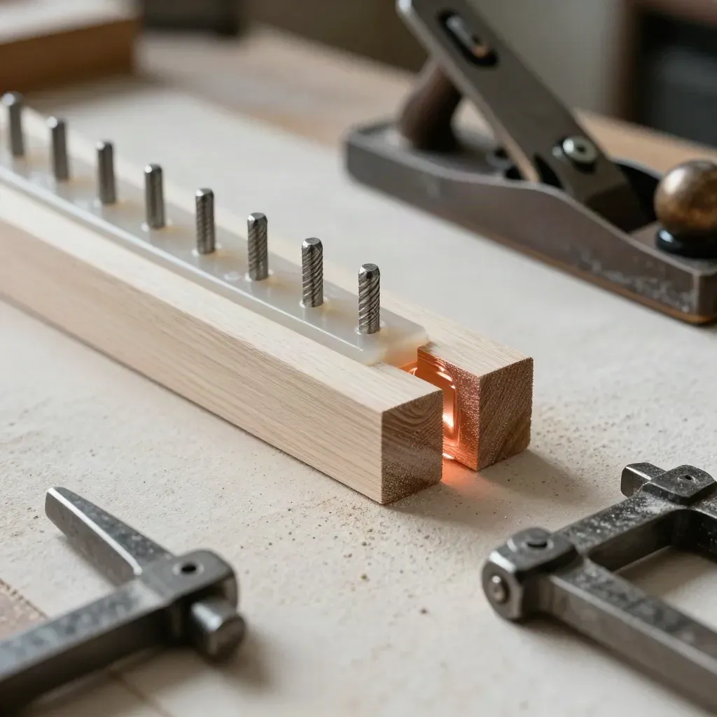 Split wooden pattern, resin mold half, dowel pins, block plane and clamps on pale plaster